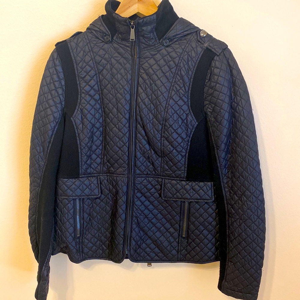 Saks Fifth Avenue Quilted Puffer Jacket with Knit Trim. Removable Hood.